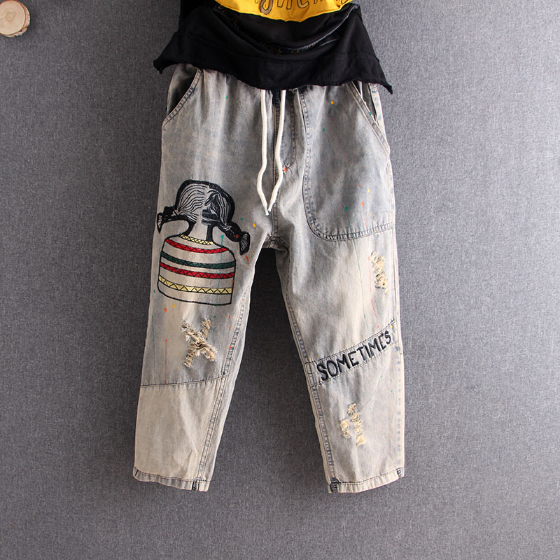 2020 High Quality Summer Cartoon Jeans Embroidered Hole Women Ripped Cotton Denim Harem Pants Casual Ladies Lace Up Trousers, Sky blue
2020 High Quality Summer Cartoon Jeans Embroidered Hole Women Ripped Cotton Denim Harem Pants Casual Ladies Lace Up Trousers, Sky blue