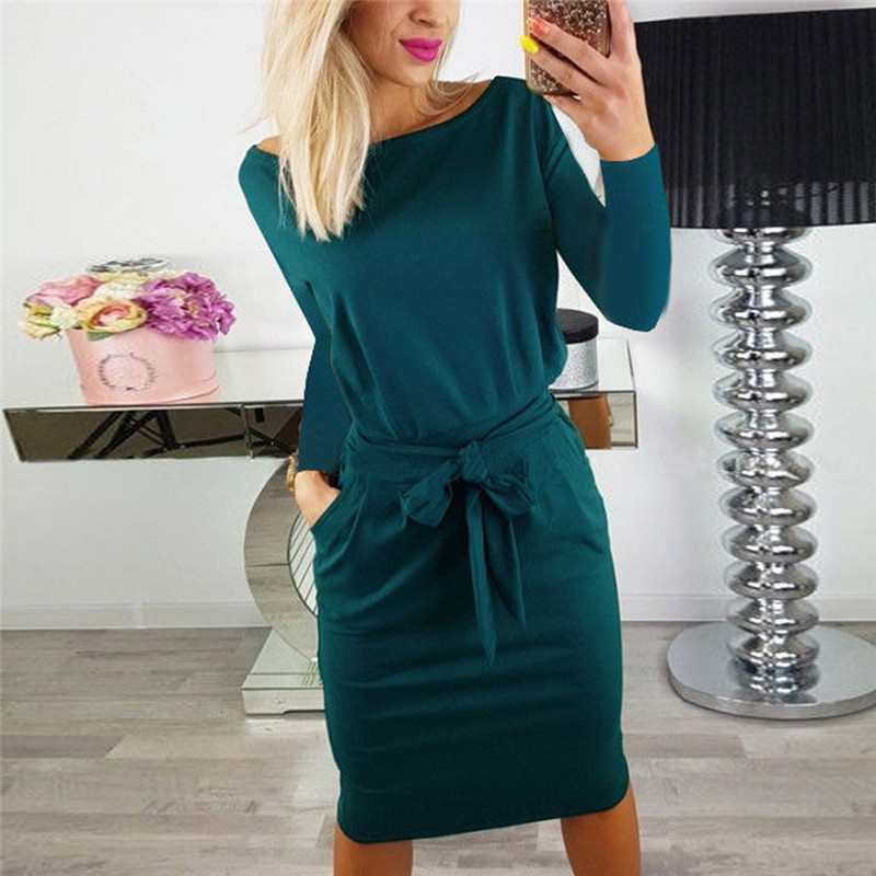 2019 Autumn Winter Dress Women Long Sleeve Black Blue Dress Casual Slim Sashes Midi Cotton Dress Plus Size Fashion Clothing 3XL