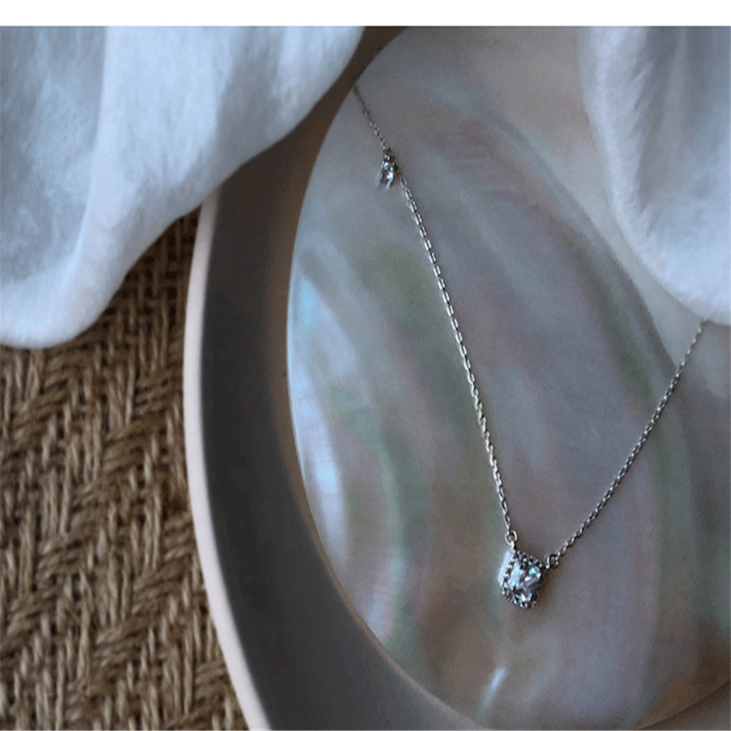 New Simple 925 Sterling Silver Necklaces&Pendants Authentic Silver White CZ Zircon Square Pendant Necklace For Women
