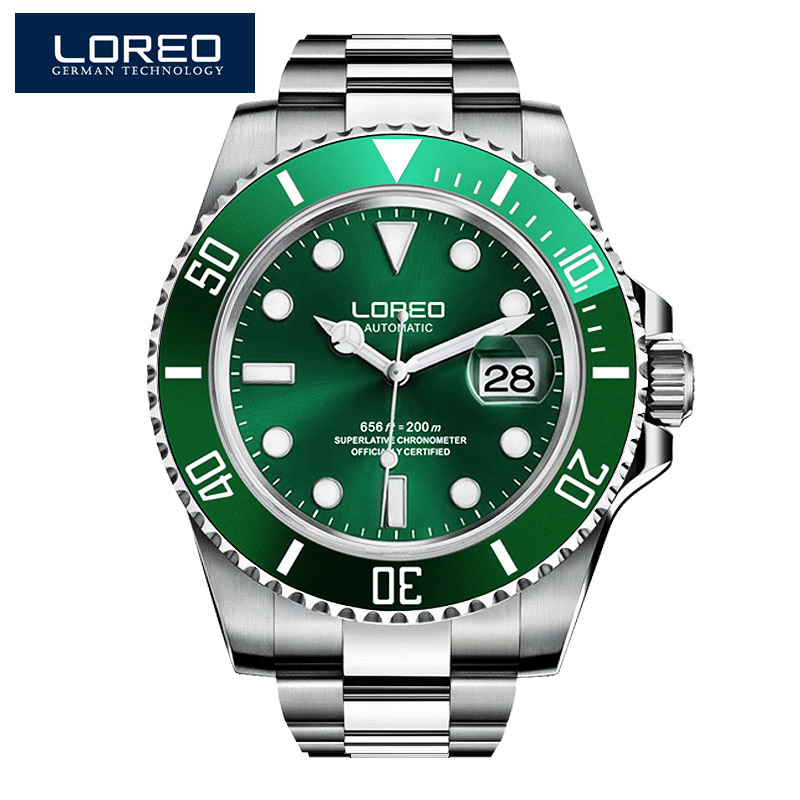 

2019 New 20bar Diving Watch Automatic Luxury brand LOREO Sapphire Mechanical Watch Men Calendar Luminous Water Ghost Green Watch LY191213, Leather band 1