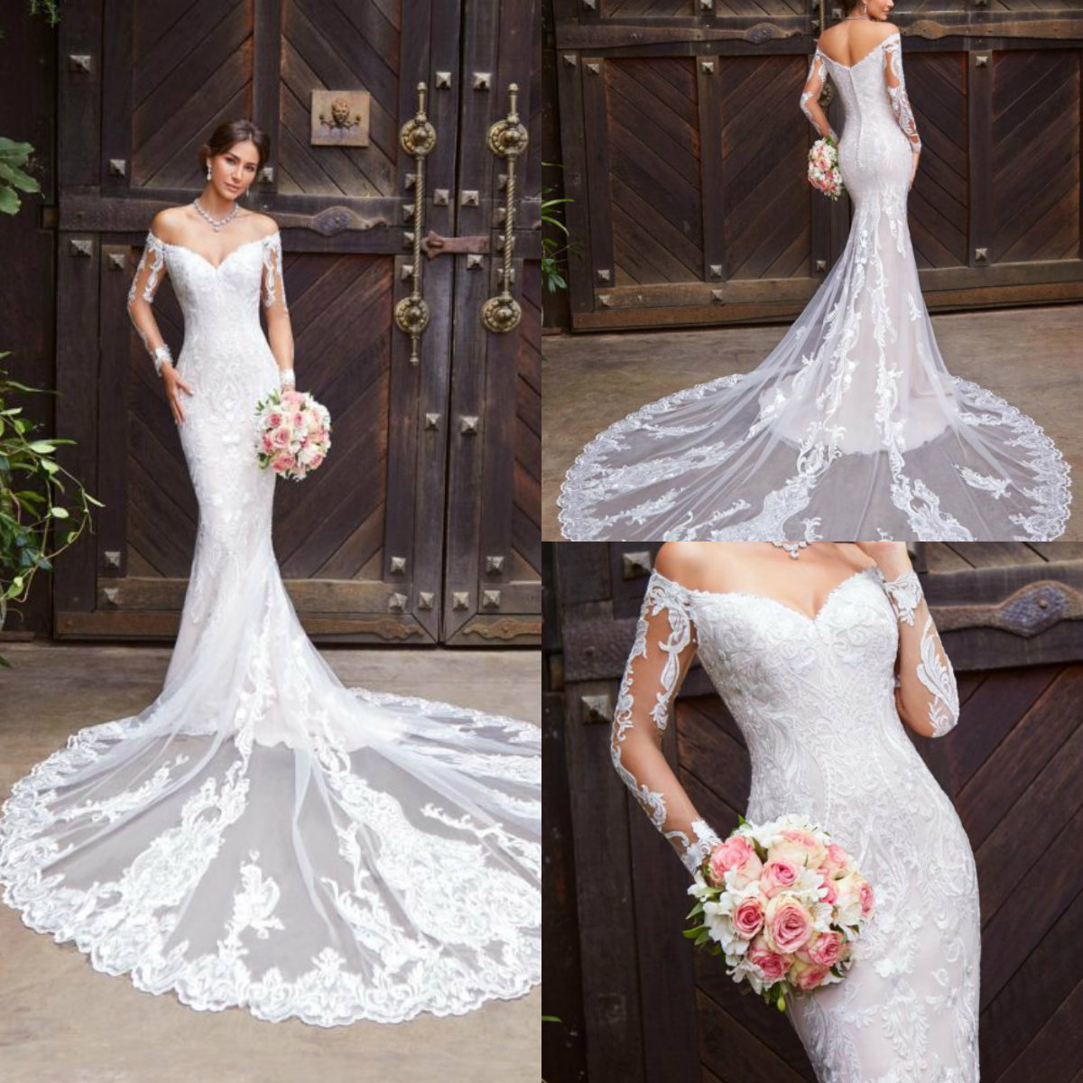Lace Mermaid Dresses Off The Shoulder Appliques Court Train Long Sleeve Wedding Dress Button Back Plus Size Beach Bridal Gowns