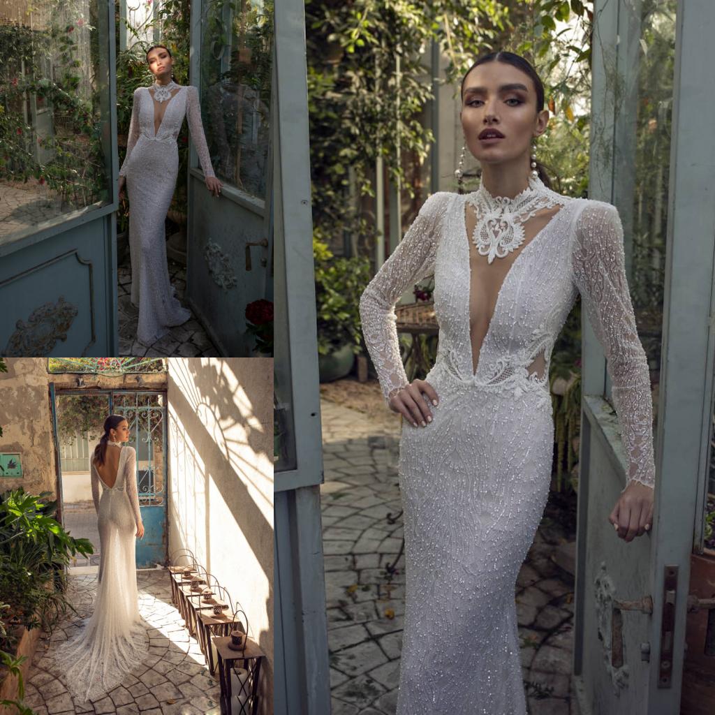 Vintage 2019 Mermaid Wedding Dresses Crystal High Neck Lace Bridal Gowns Backless Trumpet Plus Size Long Sleeves Garden wedding dress