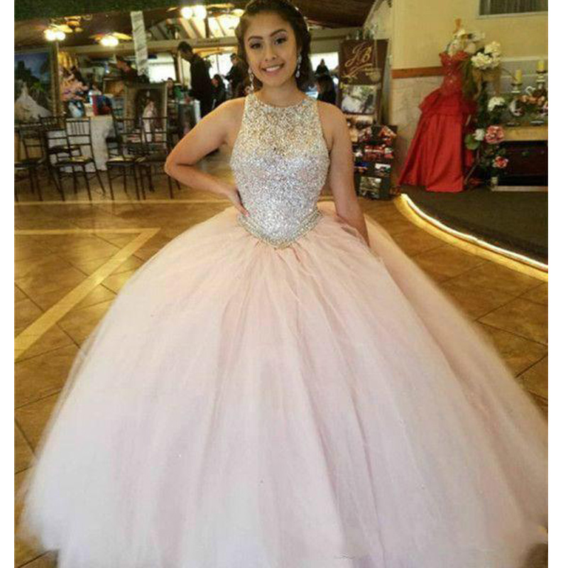 Crystal Sequin Quinceanera Dresses Puffy Tulle Pink Ball Gown Vestidos 15 anos Sweet 16 Party Pageant Dresses Open Back Plus Size