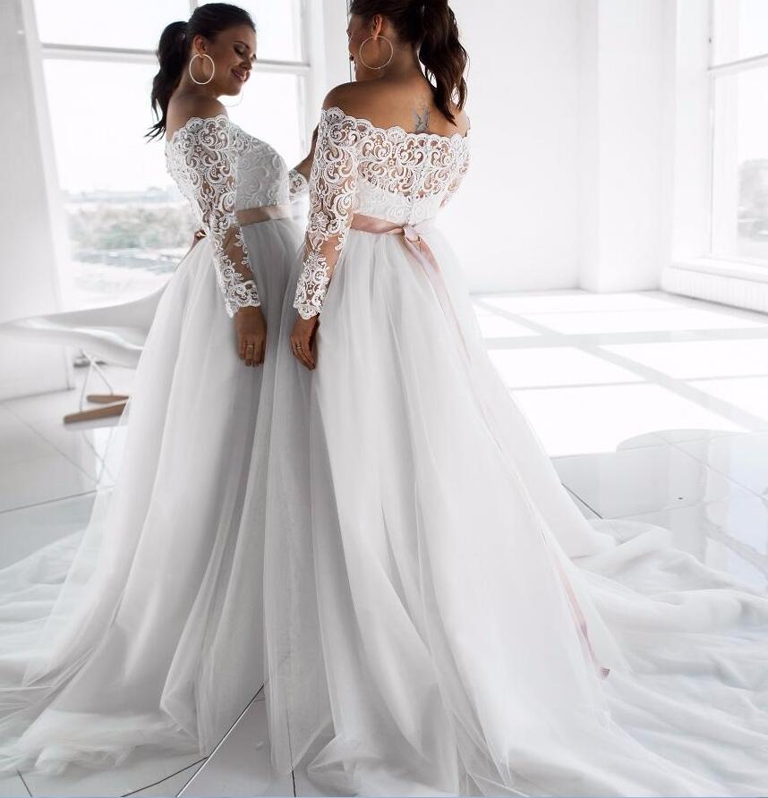 2019 Elegant Plus Size Wedding Dresses Off The Shoulder Lace Appliqued Sash Long Sleeve Wedding Dress A Line Sweep Train Boho Bridal Gowns