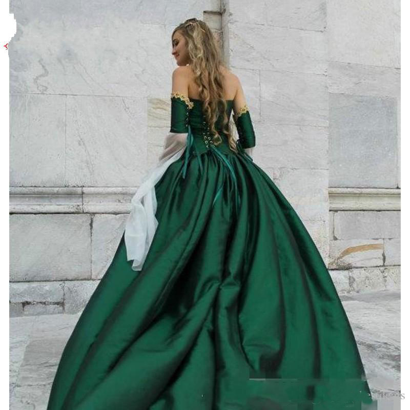 2019 Gothic Wedding Dresses Halloween Victorian Bridal Gowns Long Sleeves Floor Length Corset Back Satin Hunt Green Wedding Gowns