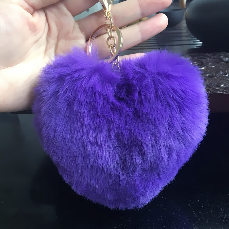 12cm Cute Fluffy Heart Keychains Women's Pom Poms Faux Rex Rabbit Fur Key Chains Girl Bag Hang Car Key Ring Jewelry Accessories