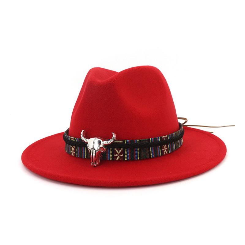 Fashion- Wide Brim Cowboy Fedora Hat Bull Head Decoration National Style Men Women Wool Felt Trilby Ethnic Gambler Hats Jazz Panama Caps