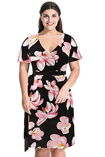myfeel Plus Size Floral Dress V Neck Tie Waist Casual Dress, Blue