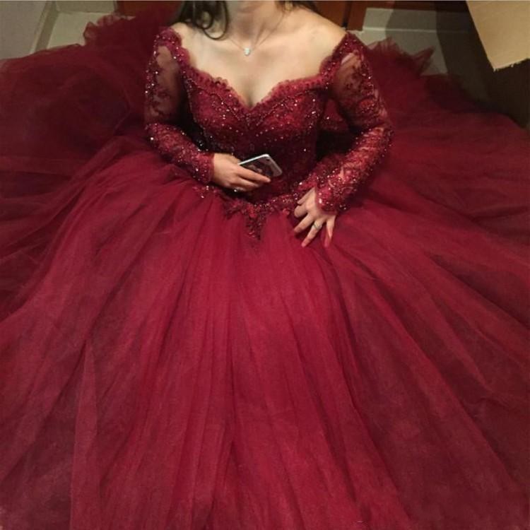 Bury New Ball Gown Quinceanera Dresses Off Shoulder Long Sleeves Lace Appliques Beaded Sweet Tulle Plus Size Prom Evening Gowns D s