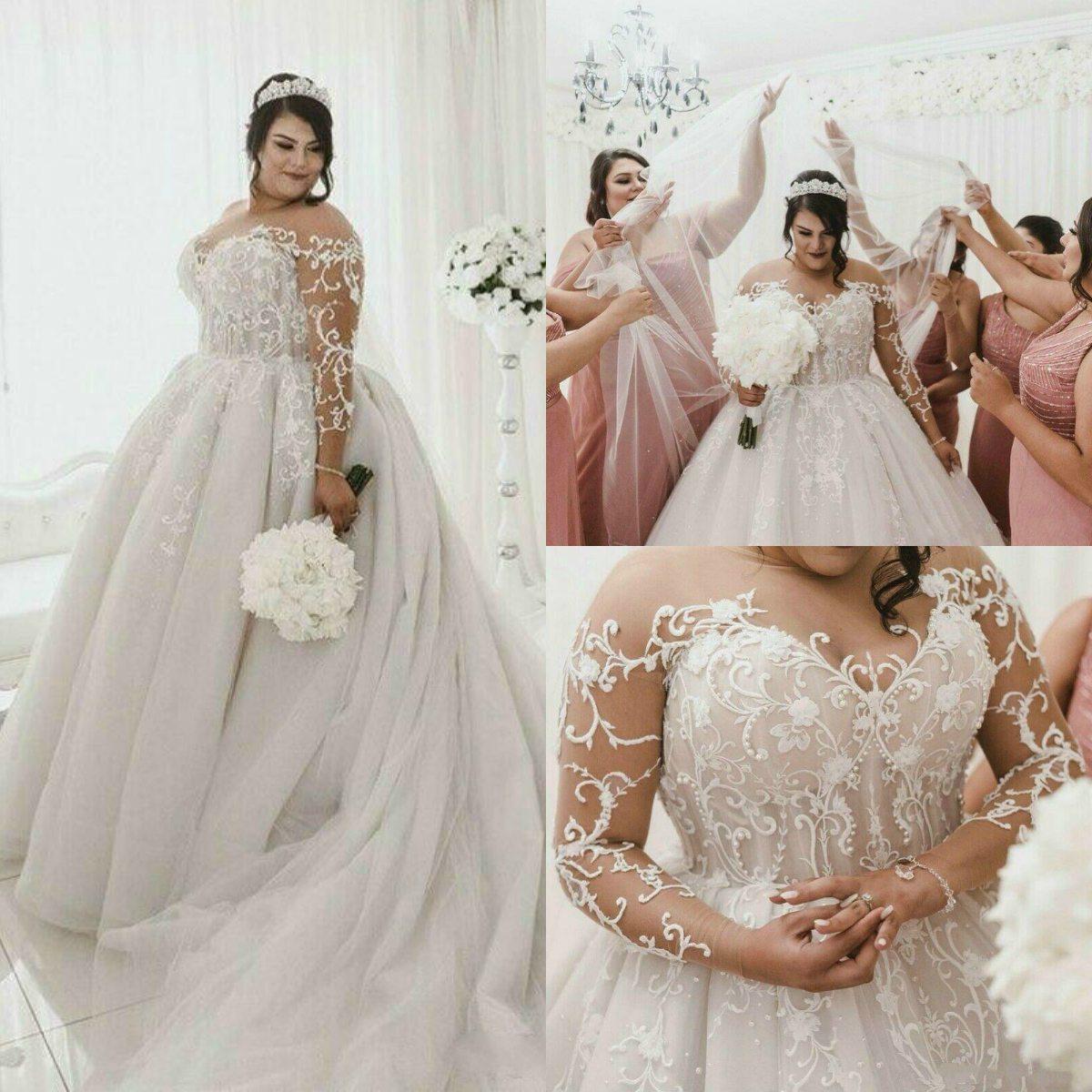 Plus Size Wedding Dresses Boho Jewel Neck Lace Appliques A Line Country Bridal Gowns Sweep Train Long Sleeve Beach Wedding Dress