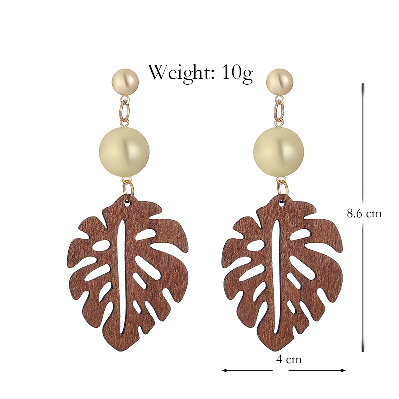 Stud Golden Beads Pom Long Stud Earrings Ethnic Brown Hollow Natural Wooden Leaf Pattern