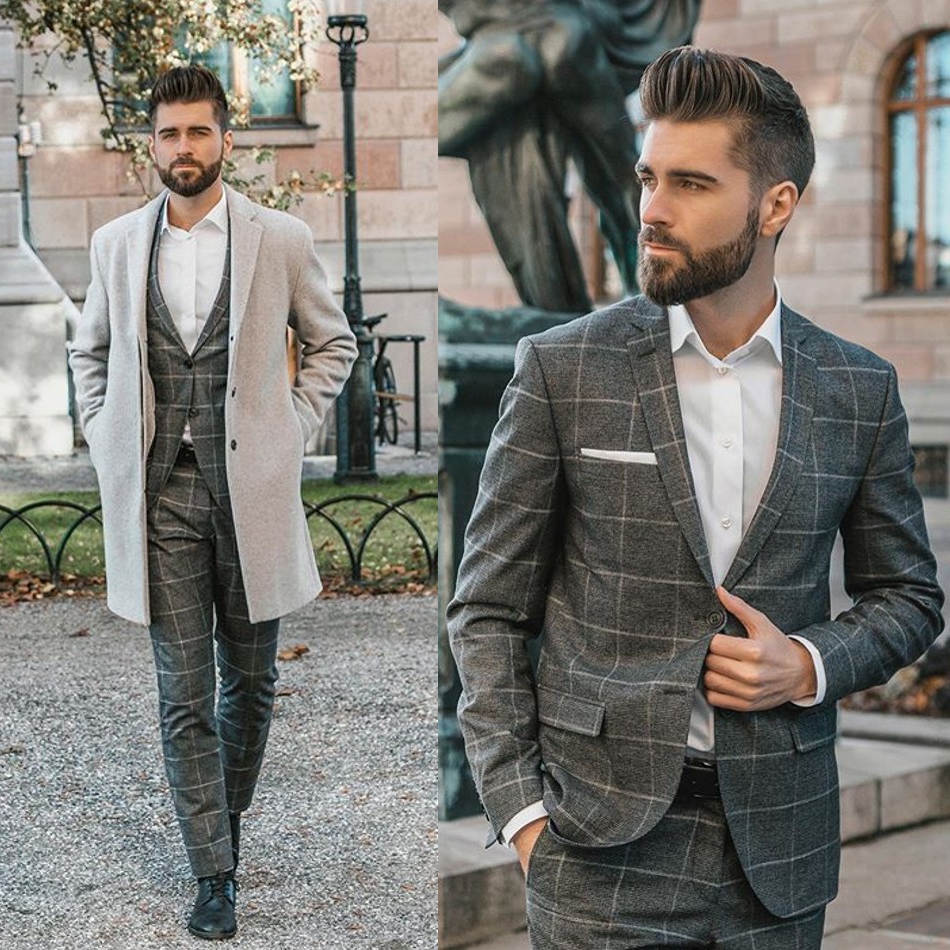 Fashion Gray Check Mens Groom Wedding Suits Groom 2 Pieces Peaked Lapel Formal Work Prom Office Blazer Jacket(Jacket+Pants)