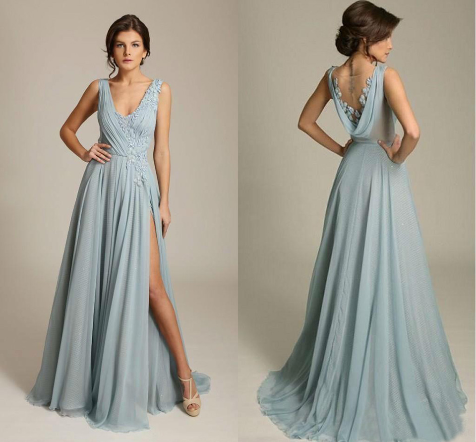 Bridesmaid Dresses V Neck Sleeveless Appliques Chiffon Draped Back Formal Prom Dresses with Side Split Wedding Party Gowns BD9074