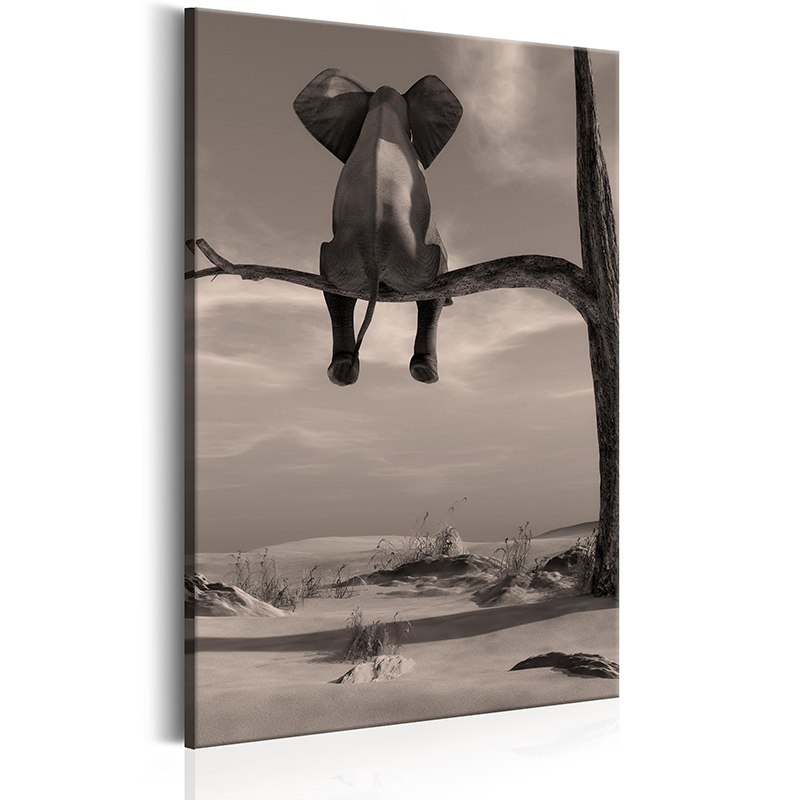 Unframed 1 Panel Large HD Printed Canvas Print Painting Elephant in Creative Desert Sits on Tree Looking at Scenery Home Decoration Wall Pic