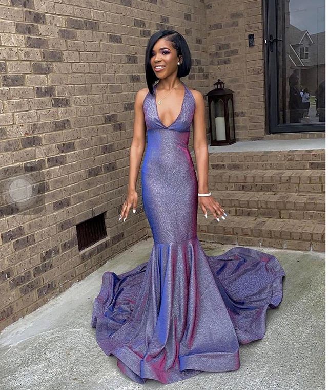 Sequined Black Girls Purple Mermaid Prom Long Deep V Neck Court Train Dresses Evening Wear Special Ocn Dress Vestidos De Fiesta estidos