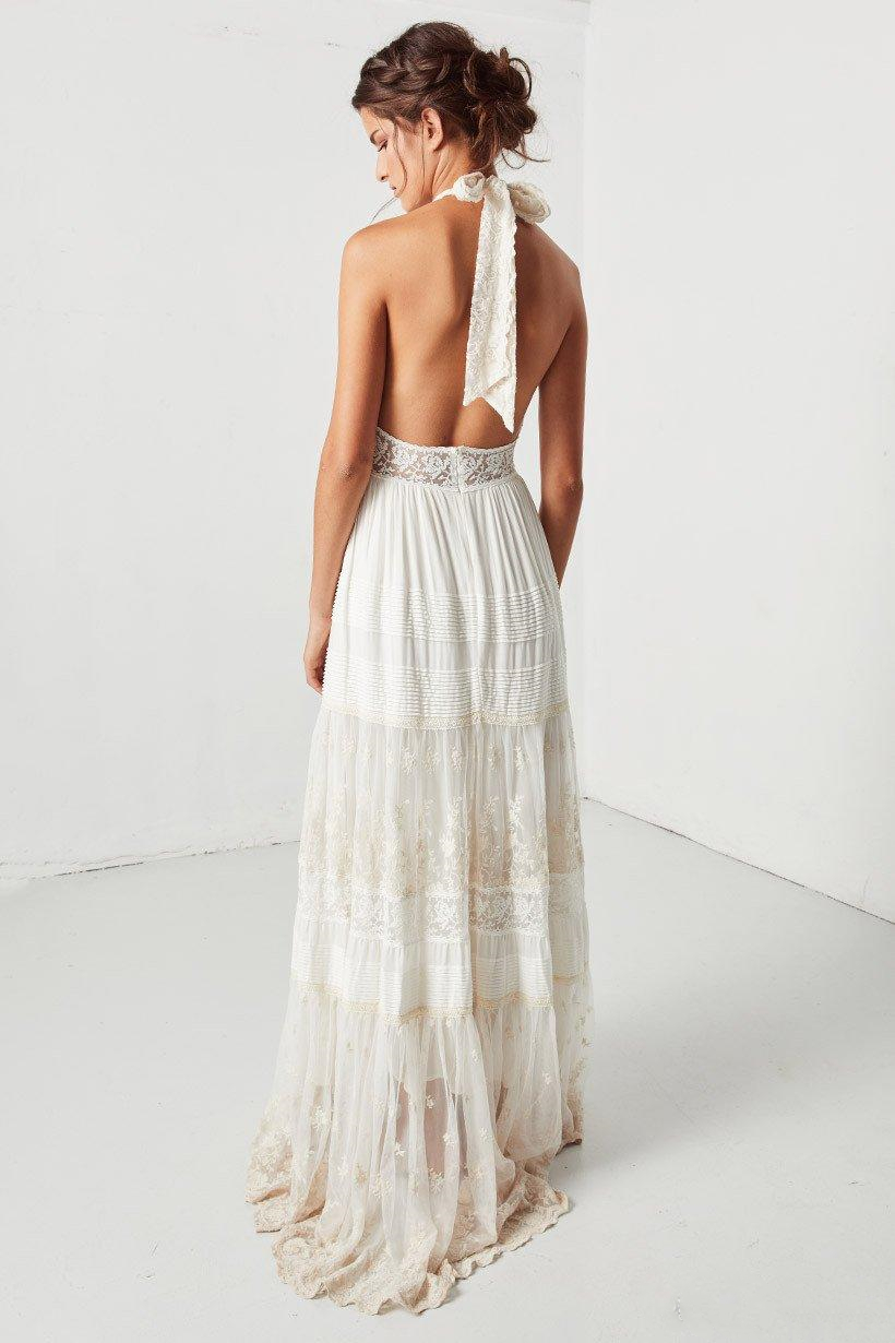Bohemian Lace Vintage Dresses Retro Halter V Neck Backless Free People Hippie Country Style Bridal Dress Wedding Gown 0220