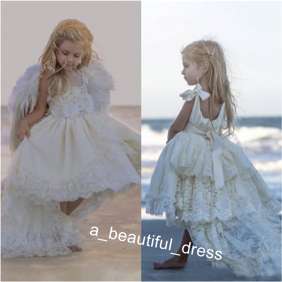 Cute White Lace High Low Girls Pageant Dresses Tiered Beads Ribbon Flower Girl Dresses For Wedding Ivory Kids Birthday Party Dresses FG1263