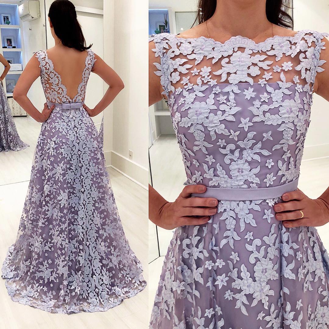 Lavender Lace Backless Prom Dresses Sheer Bateau Neck Beaded Evening Gowns A E Or Length Vestidos De Fiesta Tulle Formal Dress 0220