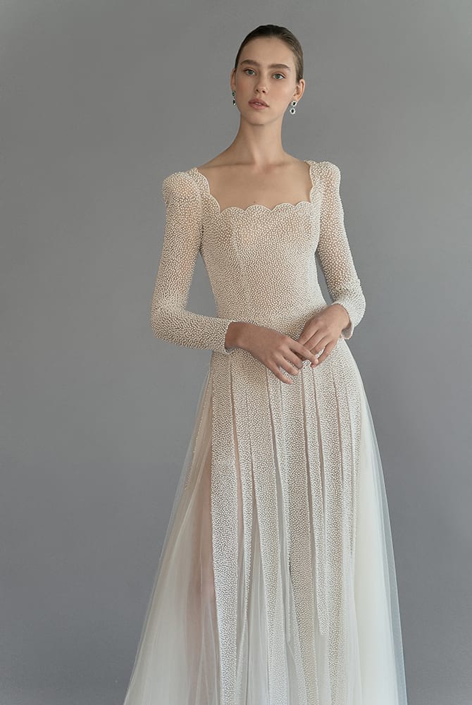 Modest A Line Chana Marelus Wedding Dresses Square Long Sleeve Tulle Beads Wedding Gowns Floor Length robe de mariée