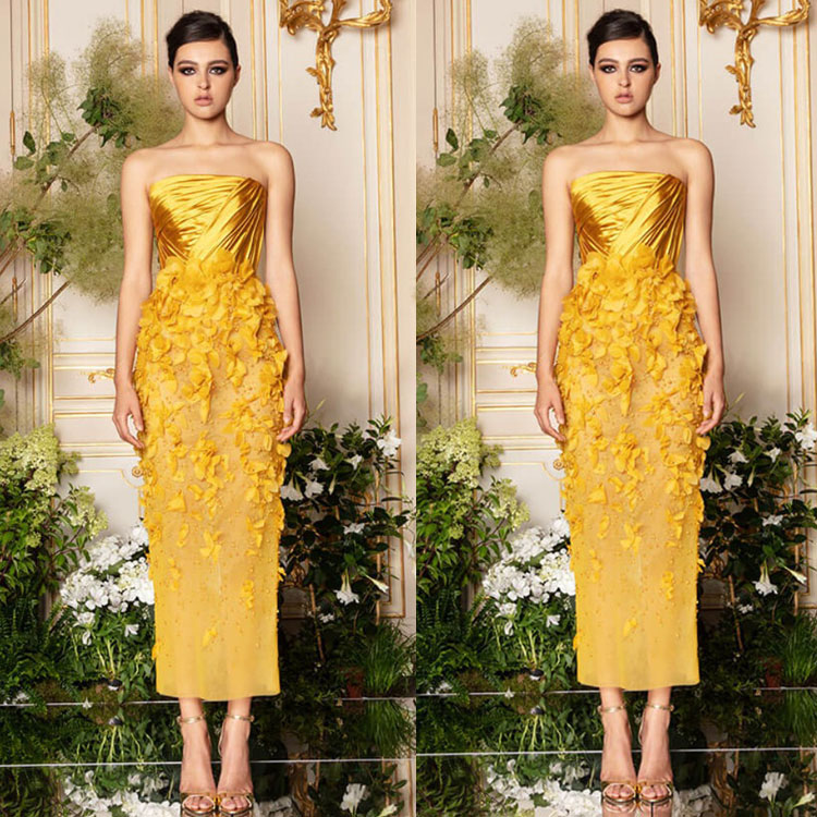 ramialali yellow prom dresses sexy strapless 3d flower appliqued evening gowns ankle length party dress
