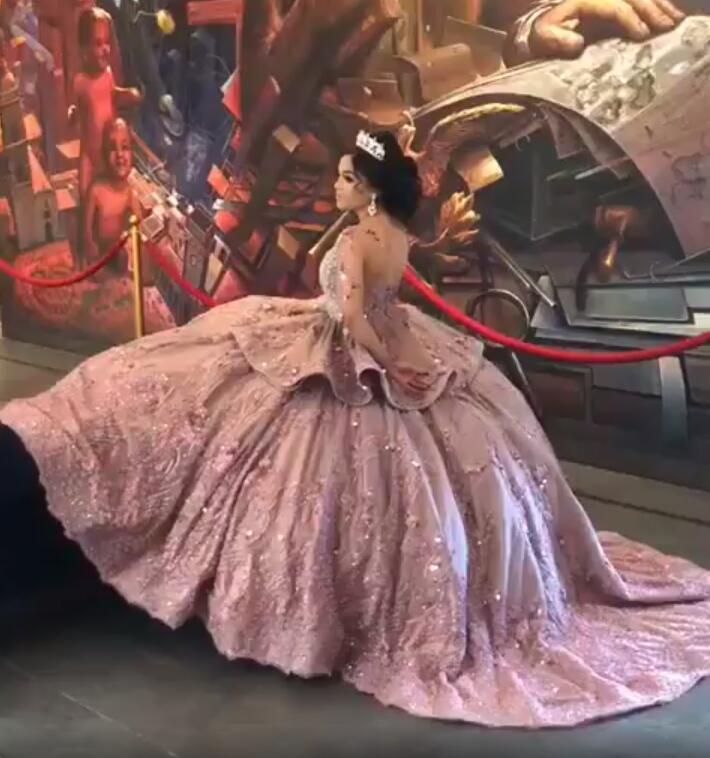 Blush Pink Luxurious Lace Quinceanera Prom Dresses Sheer Neck Crystals Long Sleeves Evening Party Sweet 16 Dress ZJ126