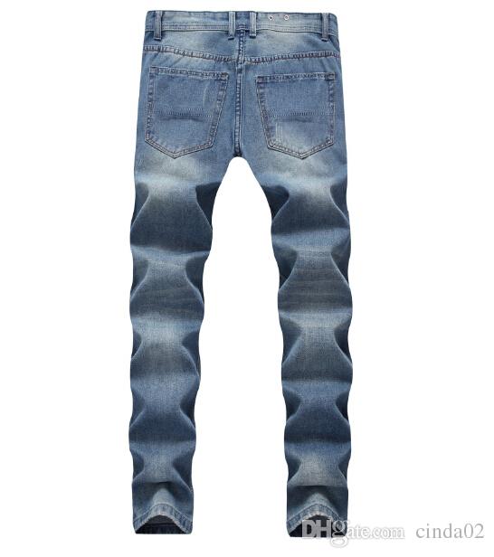 new fashion men slim casual pants elastic mens trousers light blue quality fit loose cotton denim brand jeans for men
