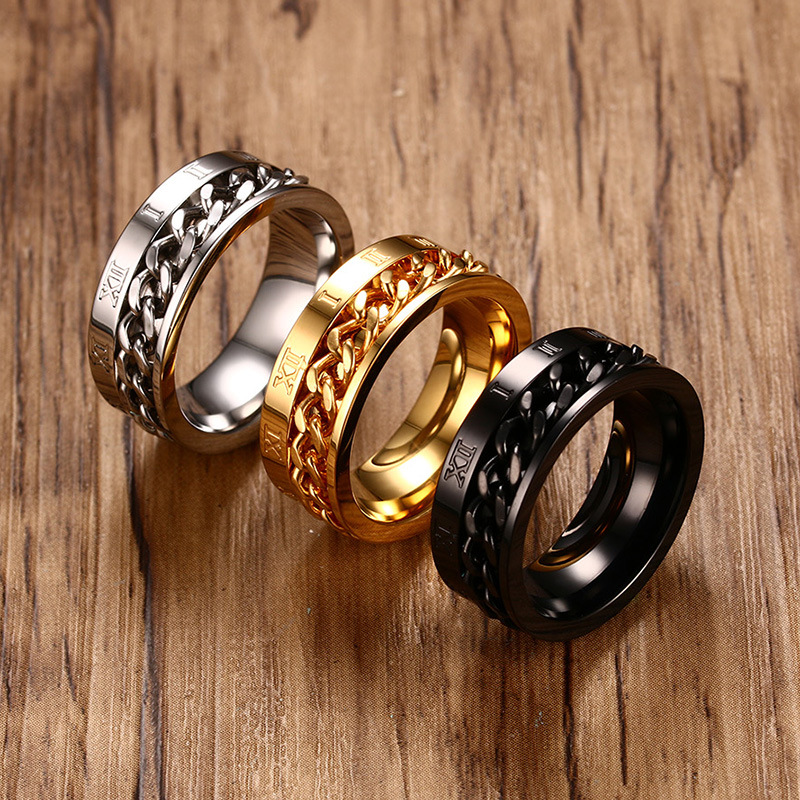 Hiphop Lucky Spinner Chain Rings Men Accessories Trending Styles Stainless Steel Anillo Roman Number Party Anel Jewelry R-371