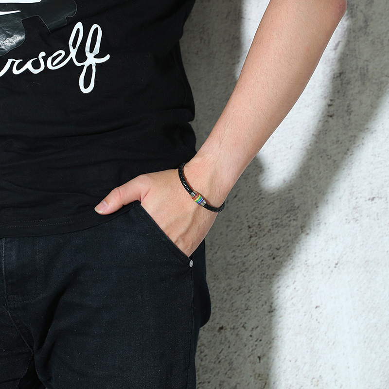 Black Pride Genuine Leather Bangles Rainbow Gay Lesbian Bracelet Stainless Steel Jewelry With Magnetic Clasp PB-014B