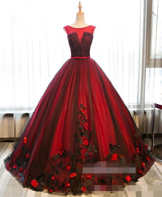 2020 3D Floral Applique Burgundy Quinceanera Dresses Sheer Neck Black Lace Custom Made Sweet 16 Princess Pageant Party Ball Gown