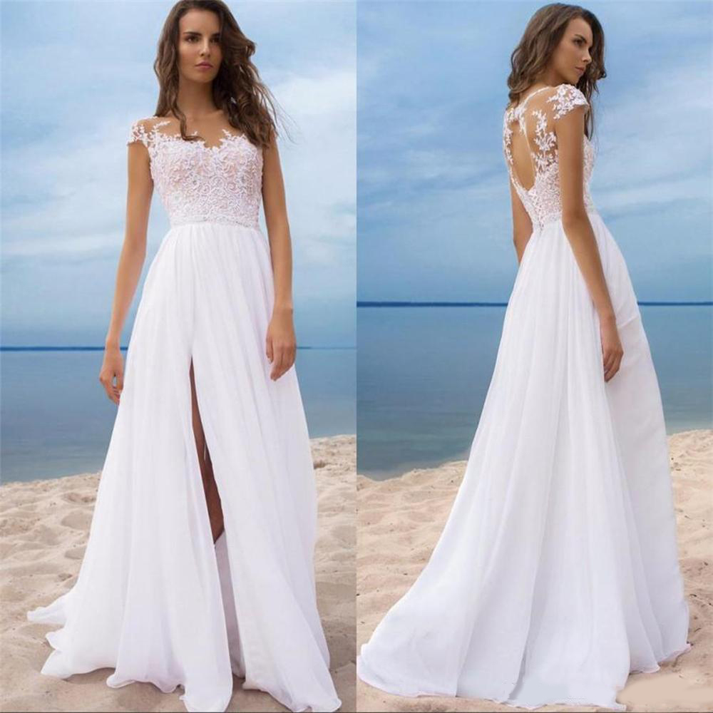 Sheer Jewel Neck Appliqued Keyhole Backless Long Bridal Gowns for Summer Beach Weddings Sexy Split Boho Wedding Dresses