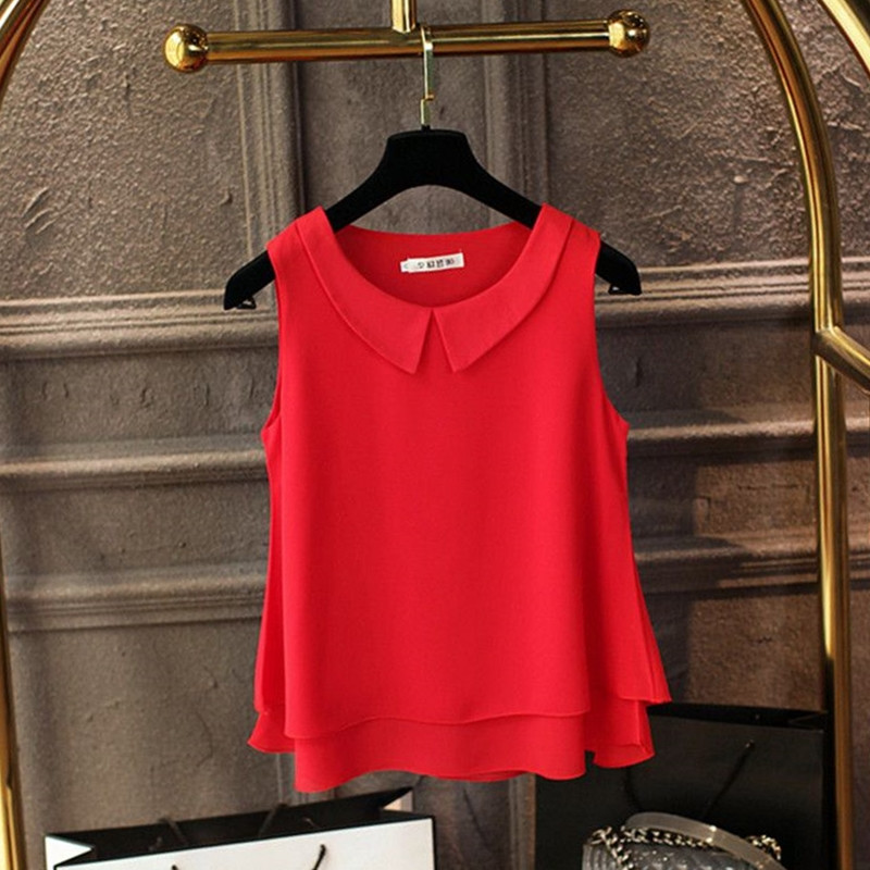 Large Size Blouse Shirt Women 2020 Female Solid Color Double Layer Chiffon Shirts Casual Sleeveless Loose Top Plus Size Clothing