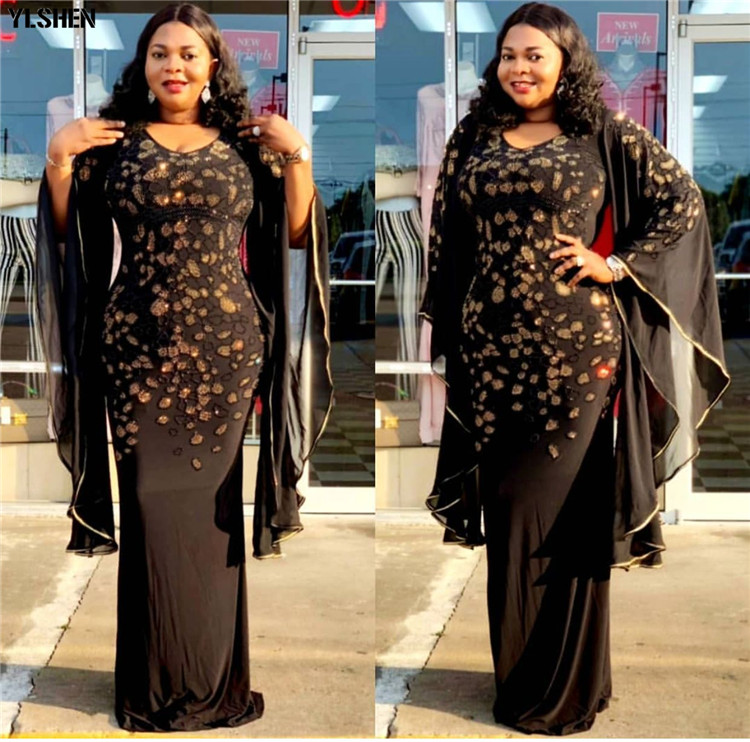 African Dresses for Women Dashiki African Clothes Bazin Broder Sexy Slim Ruffle Sleeve Gold Sequin Embroidery Africa Skirt Dress