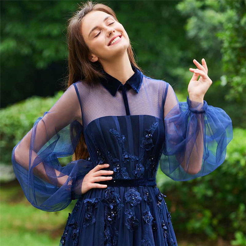 Elegant Blue Lace A Line Prom Dresses Custom Hollow Floor Length Evening Beads Long Sleeves Party Gowns Robe De Mariée