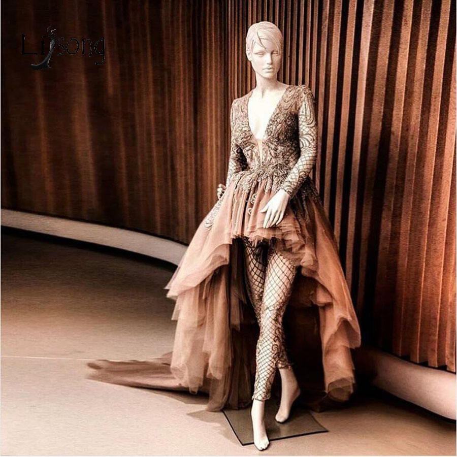 2020 New Chic Fashion Champagne Lace High Low Prom Dresses Full Sleeves Appliques Beaded Long 2 Pieces Prom Gowns