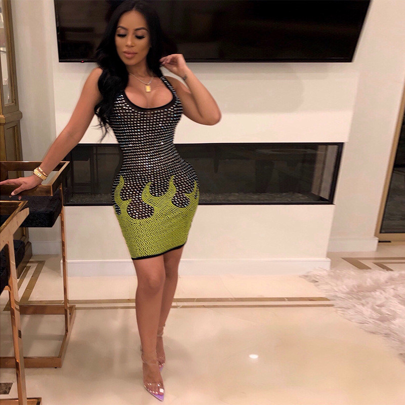 Fashion-mini dresses party holiday dress beachwear scoop neck sleeveless sexy club dress Rhinestone panelled mesh summer clothes
