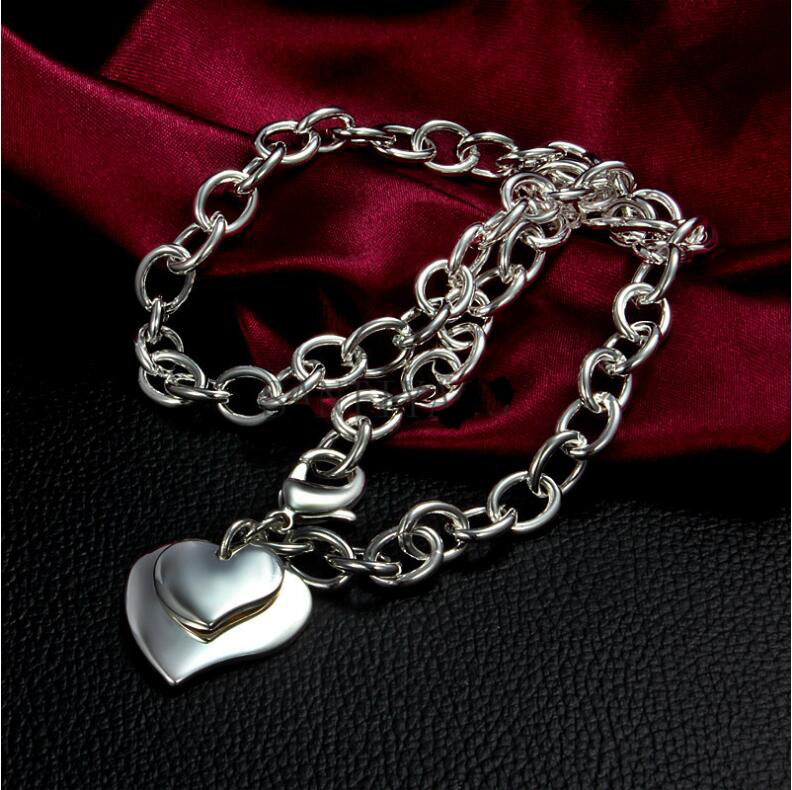 Hot sale Double Heart brand Crude necklace sterling silver plate necklace STSN252,wholesale fashion 925 silver Chains necklace