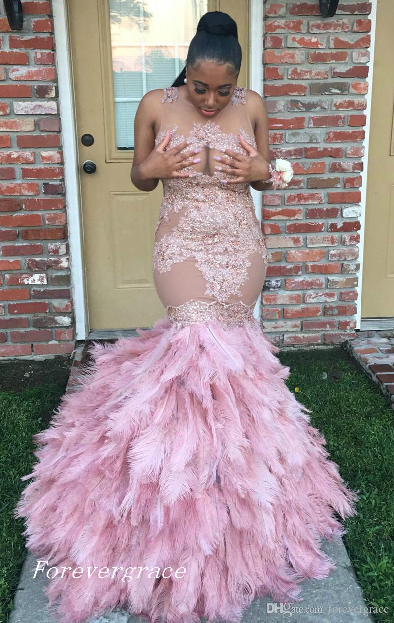 2019 Stylish Africa Blush Appliqued Long Prom Dress New Arrival Illusion Neck Feather Skirts Party Gown Custom Made Plus Size