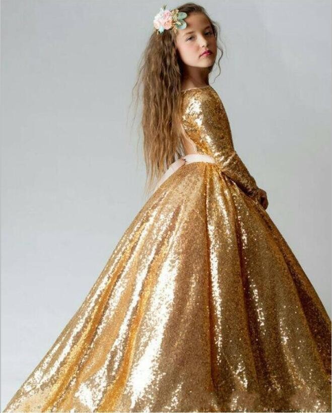 New Gold Sequined Ball Gown Pageant Dresses Jewel Neck Long Sleeves Open Back Sweep Train Kids Flower Girls Dress Birthday Gowns