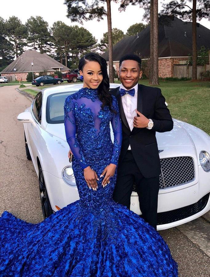 Luxuriously Royal Blue Black Girls Mermaid Prom Dresses High Neck Long Sleeves Beaded Handmade Flowers Evening Party Gowns