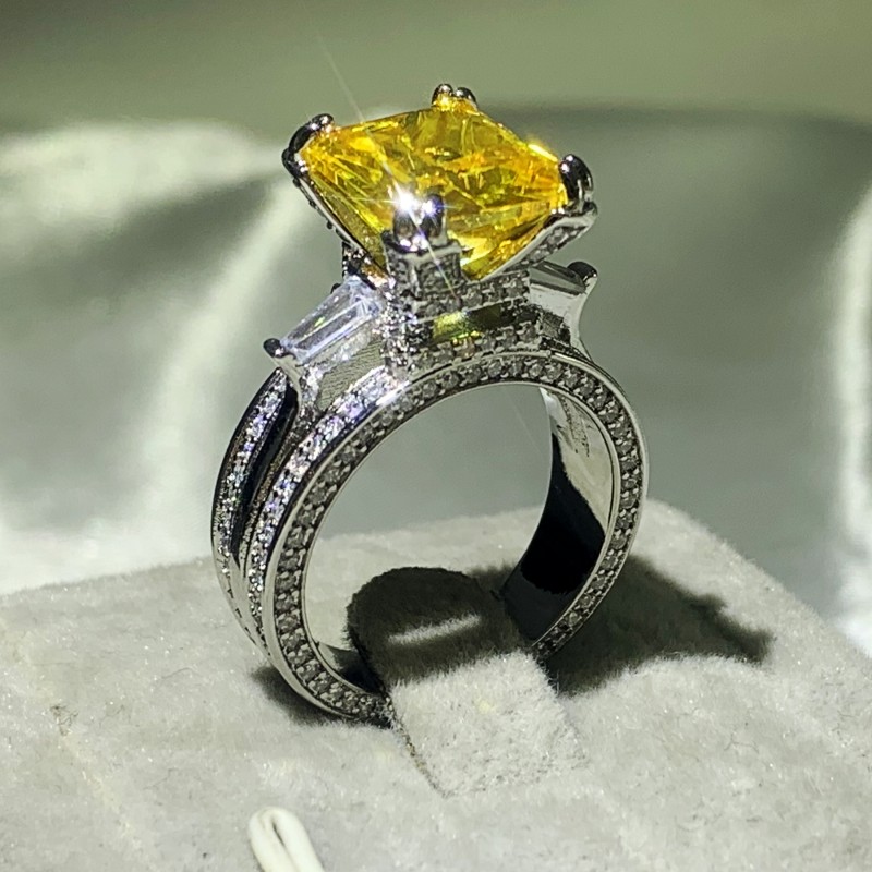 Victoria Classical Jewelry 925 Sterling Silver Princess Cut Yellow Topaz CZ Diamond Eiffel Tower Promise Women Wedding Engagement Band Ring