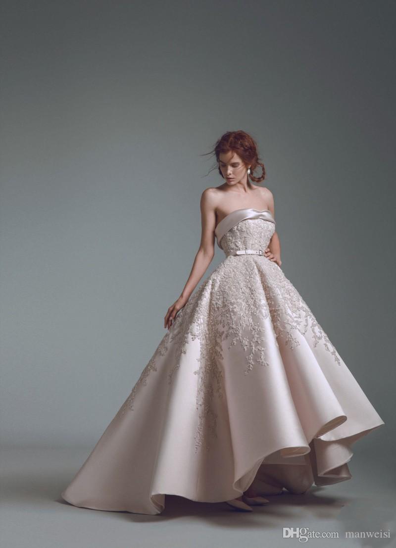 alfazairy high low prom dresses strapless beads lace appliqued satin a line party evening gowns vintage custom formal occasion dress