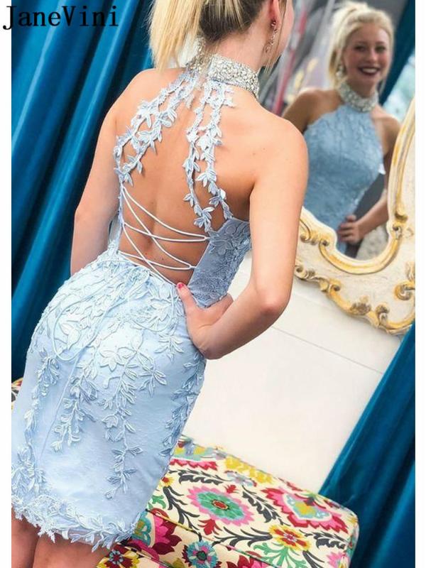 JaneVini Sexy Sky Blue Short Cocktail Dresses Halter Backless Knee Length Lace Appliqued Beaded High Neck Women Formal Dress
JaneVini Sexy Sky Blue Short Cocktail Dresses Halter Backless Knee Length Lace Appliqued Beaded High Neck Women Formal Dress