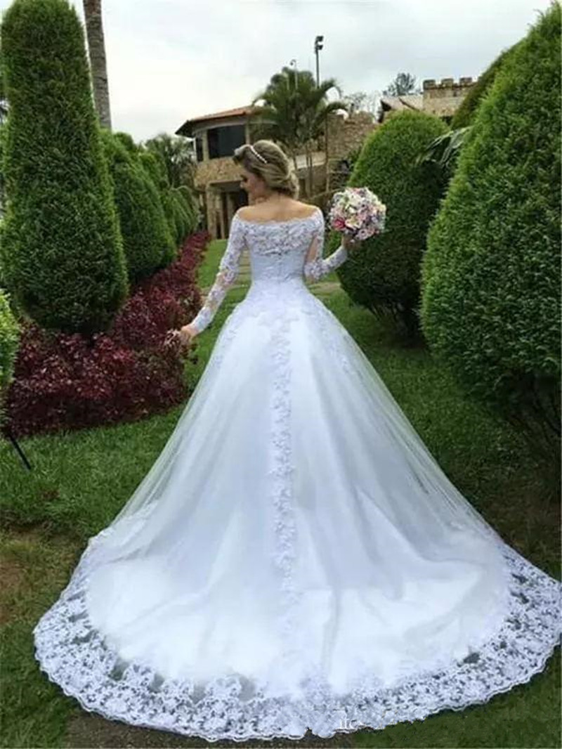 2020 New Vestidos De Noiva Casamento Princess Wedding Dresses Off Shoulder Sheer Long Sleeve Wedding Dress Beaded Arabic Garden Bridal Gown