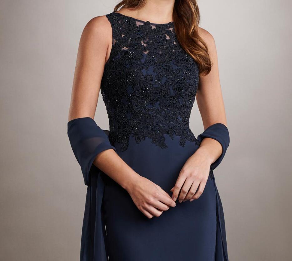 Elegant Dark Navy Mother of the Bride Dress with Wrap Mermaid Chiffon Mother of the Bride Dresses Chiffon with Applique Beads Formal Dress