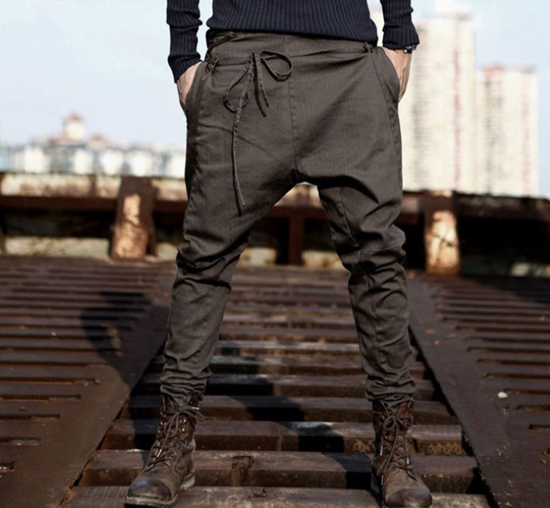 Mens Pants High Streetwear Cross Pants Men Fashion Sagging Cool Drop Crotch Trousers Men Joggers Feet Pants Asian Size