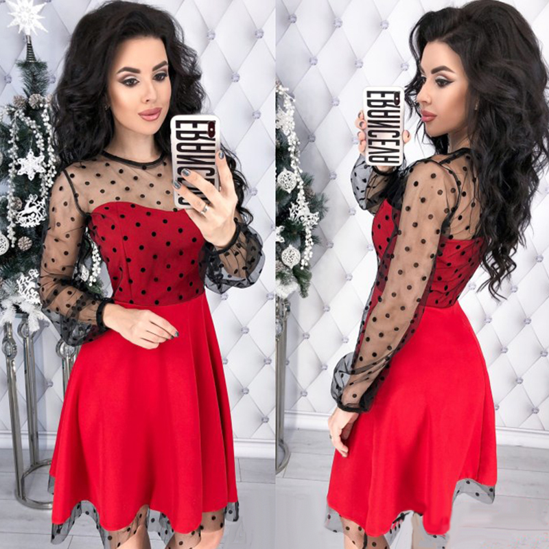 Women Vintage Lace Patchwork A-line Party Dress Long Sleeve O neck Solid Mini Dress 2019 Spring New Fashion Chic Women Dress