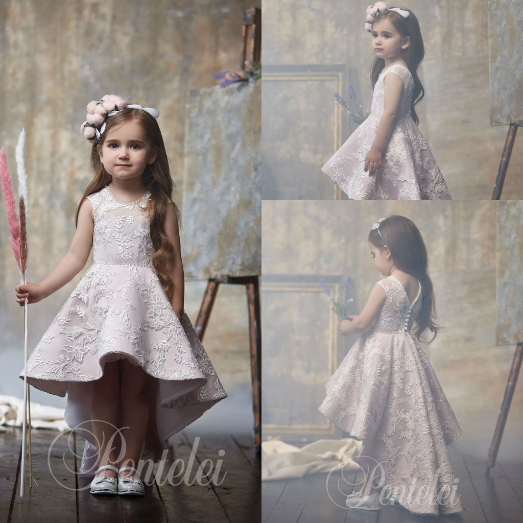 2020 High Low Flower Girl Dresses Lace Appliqued Jewel Neck Cute Little Kids Birthday Party Gowns Girls Pageant Dress