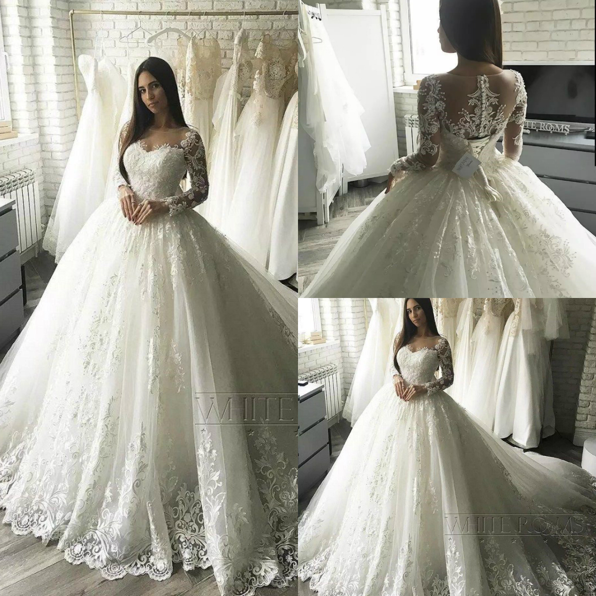 Ivory Ball Gown Wedding Dresses Long Sleeve Lace Applique Princess Sweep Train Bridal Gowns Plus Size Custom robe de mariée
