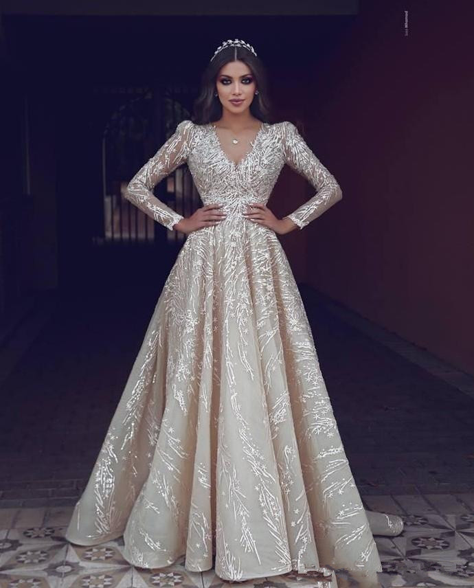 Long Sleeve Champagne Princess Wedding Dresses Arabic V-neck Puffy Skirt Lace Detail Full Back Church Garden Bridal Wedding Gown