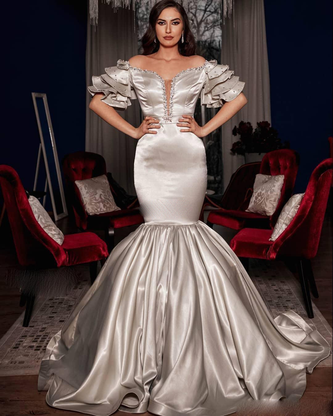 Silver Mermaid Evening Dresses Off Shoulder Sweep Train Tiered Beads Crystal Long Formal Prom Party Gowns vestidos formales para mujer